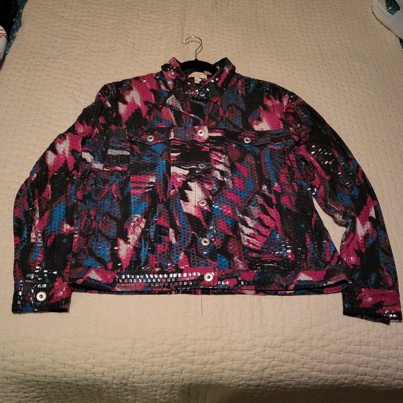 Choices Vintage Y2K Bomber Jacket Red Whit Blue Sequins Womens Size Large - Picture 1 of 7